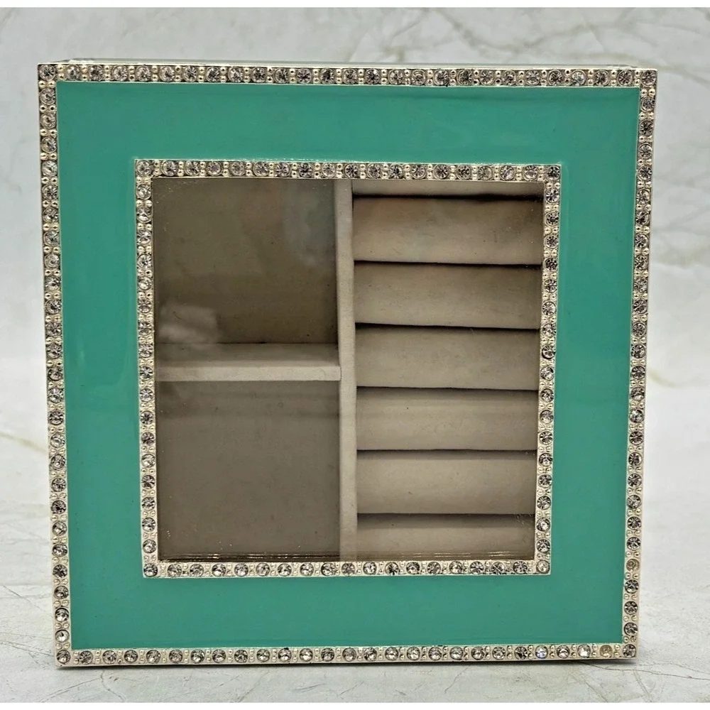 Nicole Miller Hollywood Regency Style Mirrored Trinket Box Seafoam Enamel EUC‎